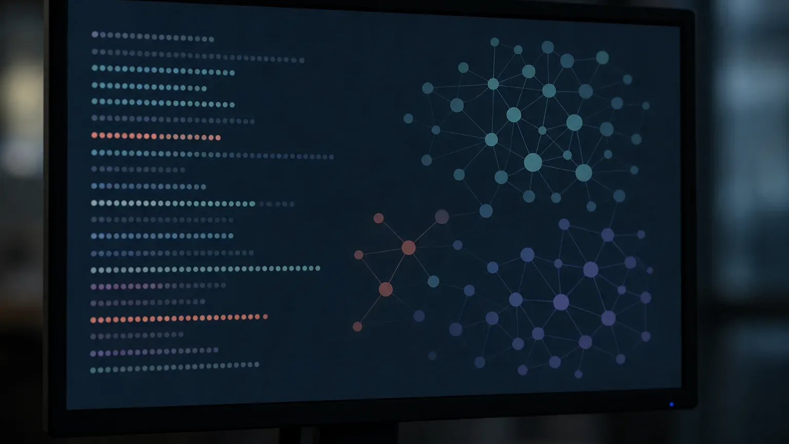 A monitor in a dimly lit room displays an abstract data visualisation of interconnected node clusters in teal, purple and coral against a dark background, alongside rows of coloured dots