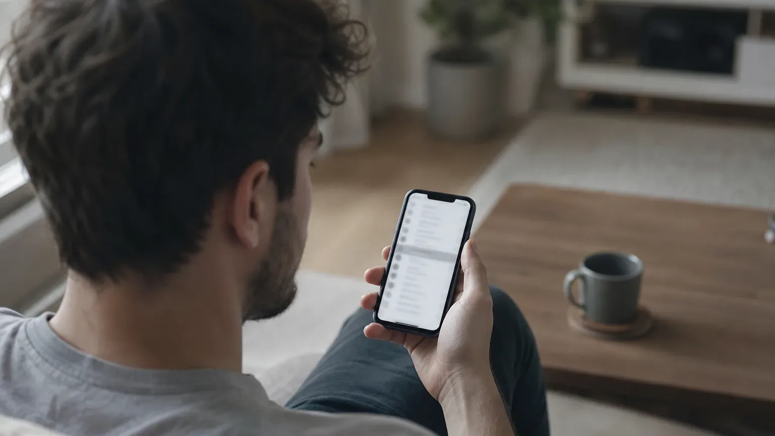A person relaxes on a sofa and scrolls through a blurred message list on a smartphone, with a coffee cup on a wooden table beside them
