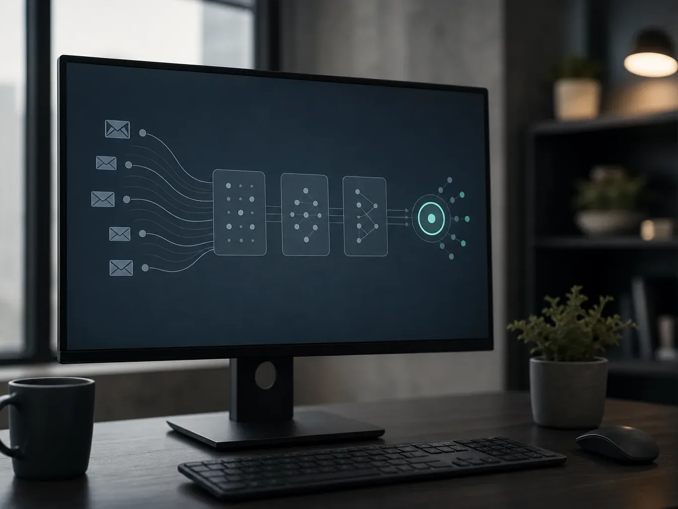 A monitor on a dark desk displays a diagram of email icons feeding through neural-network processing blocks towards a glowing output node, with a keyboard, mouse and mug nearby