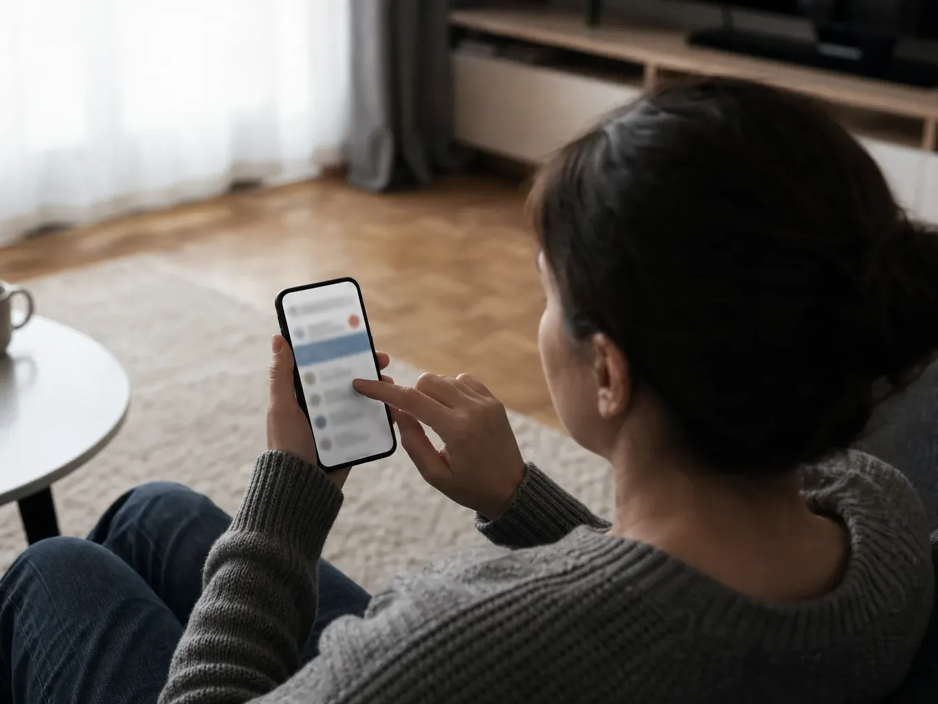 A person seated on a sofa taps a smartphone screen showing a blurred message list, with a coffee cup on a small table nearby