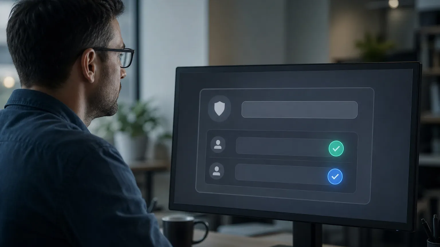 A person wearing glasses sits at a desk looking at a dark monitor displaying a security interface with two checked status indicators glowing green and blue