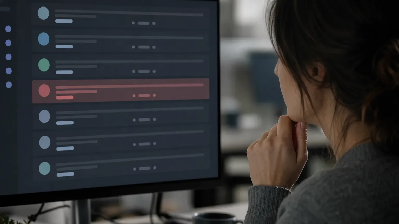 A person sits at a desk with hands clasped beneath their chin, studying a monitor displaying a dark-themed list interface with one row highlighted in red amongst several unaffected rows