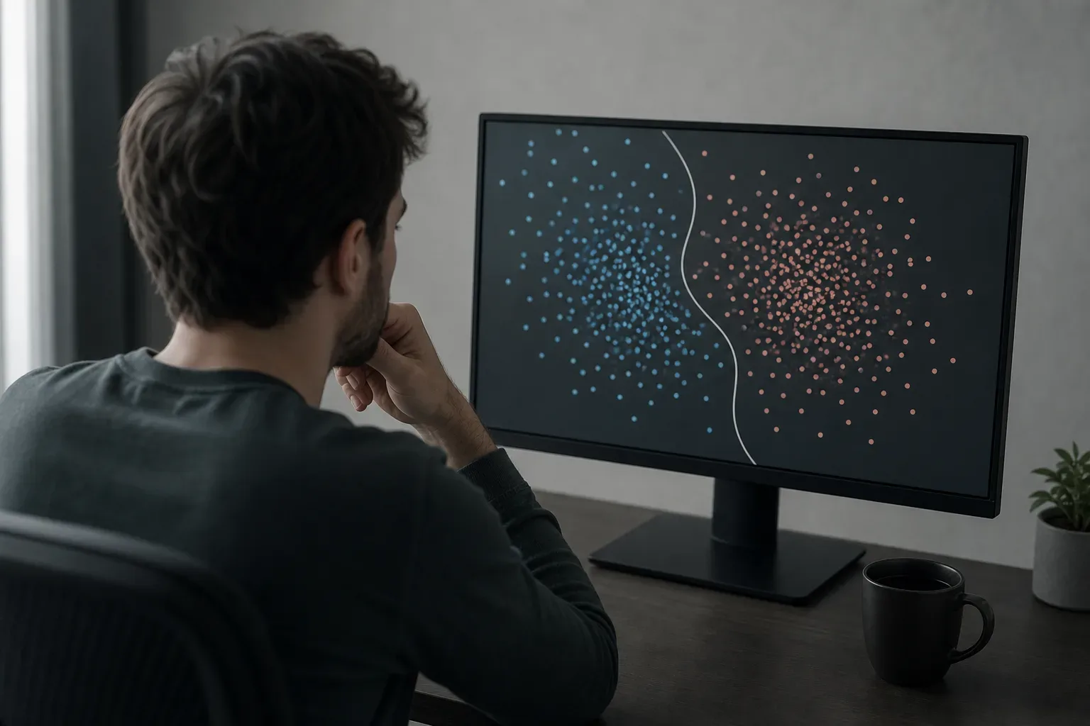 A person sits with their chin resting on their hand, studying a monitor displaying a scatter plot of blue and pink dots separated by a curved white boundary line