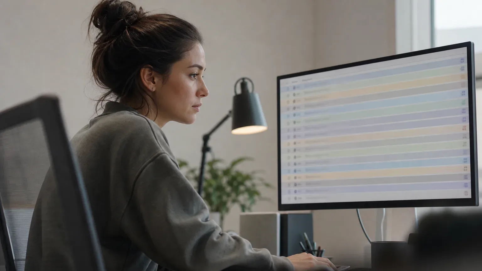 A person in a grey sweatshirt sits at a desk in a home office, looking at a monitor displaying a dense list with alternating coloured rows