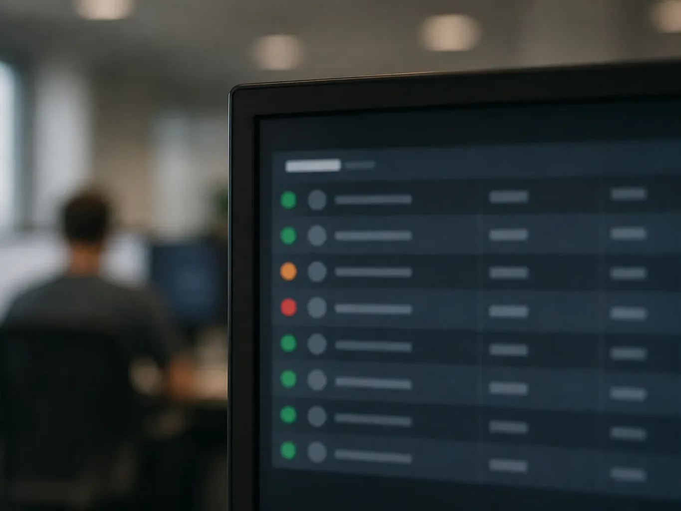 A monitor in the foreground displays a dark-themed interface with colour-coded status indicators beside a list of rows, while a person sits at a workstation blurred in the background