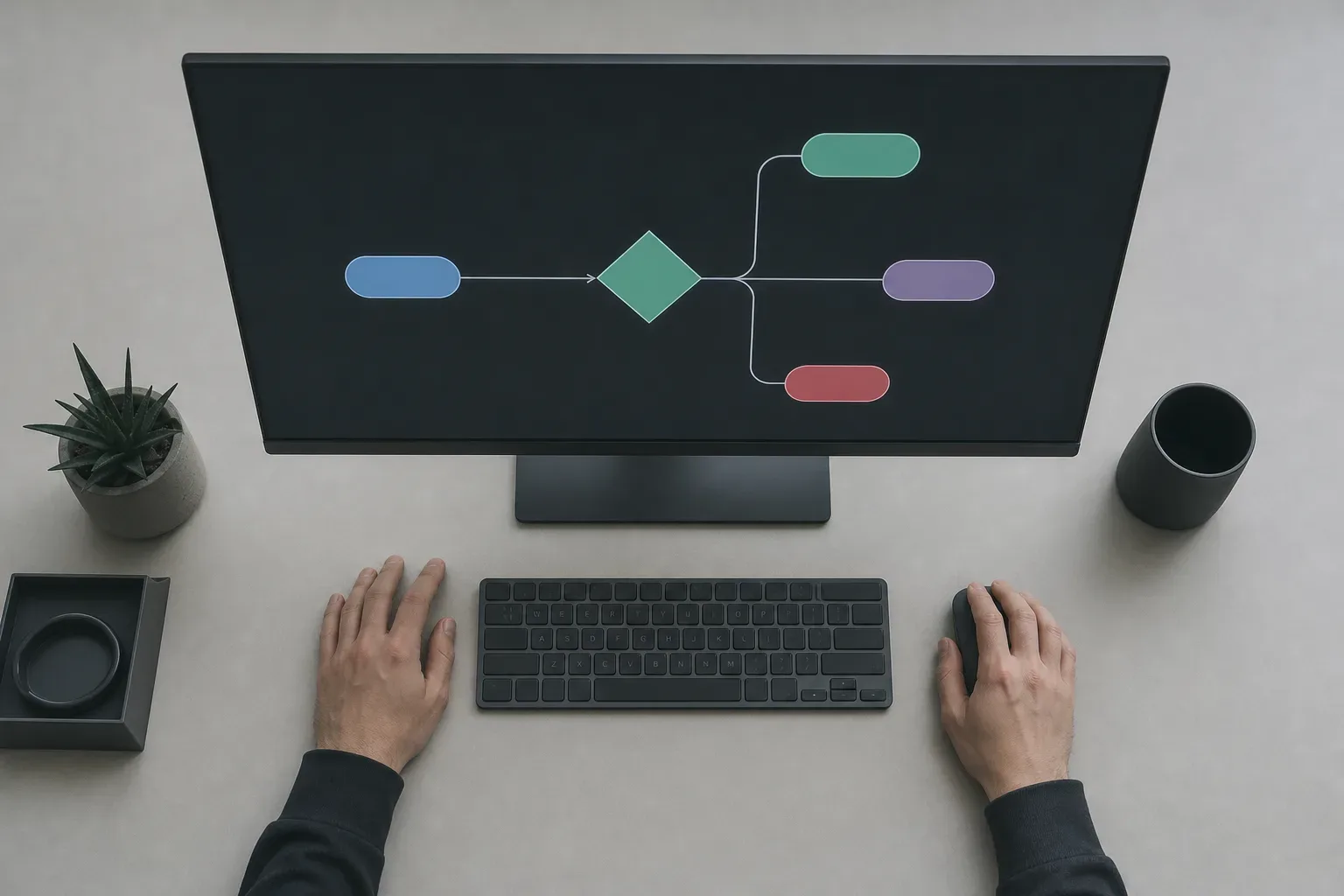 A person works at a desktop computer from above, the monitor displaying a colourful flowchart with a diamond decision shape branching into three outputs