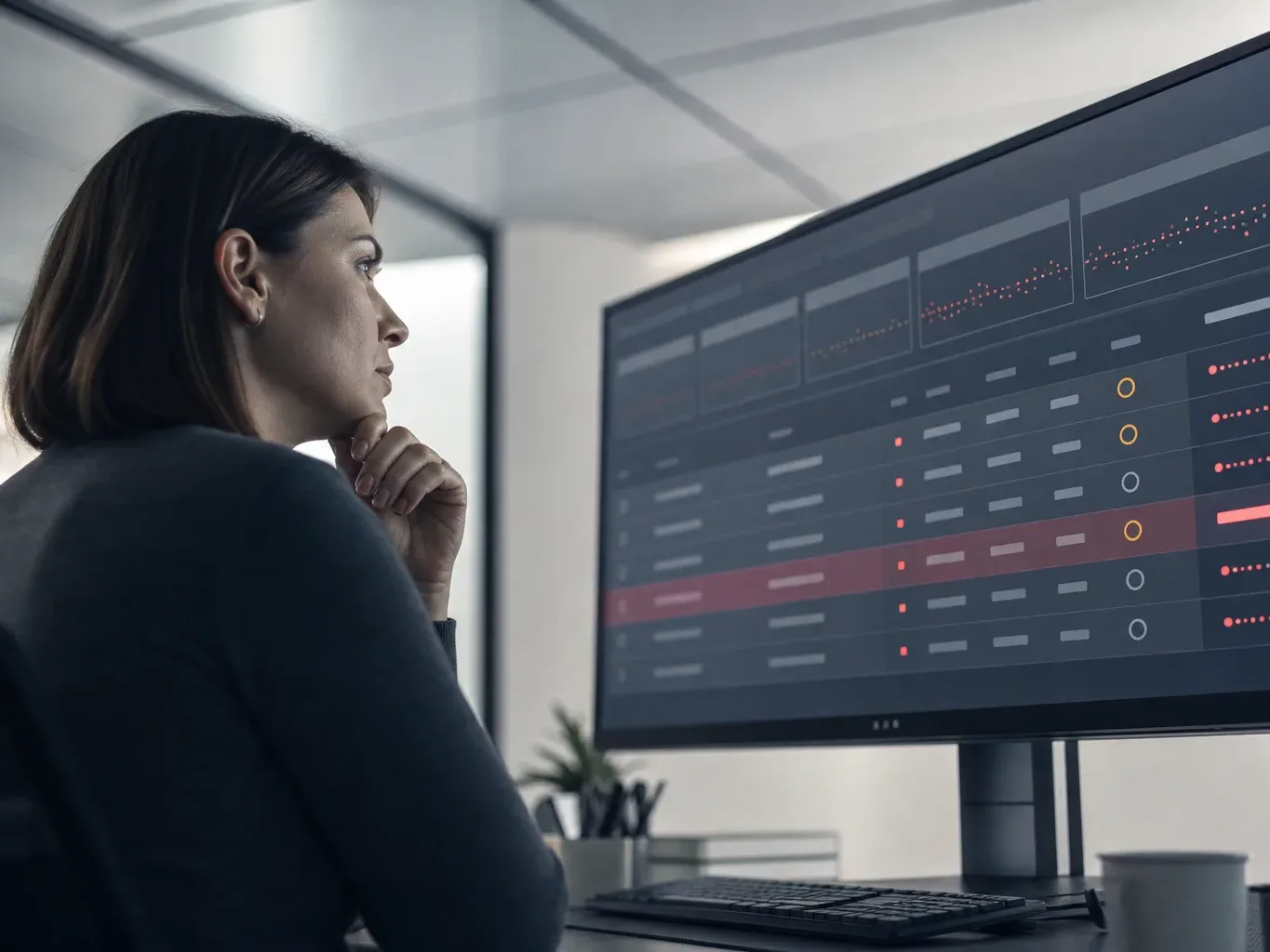 A person sits at a desk in an office, resting their chin on their hand as they study a dark-themed data dashboard on a large monitor