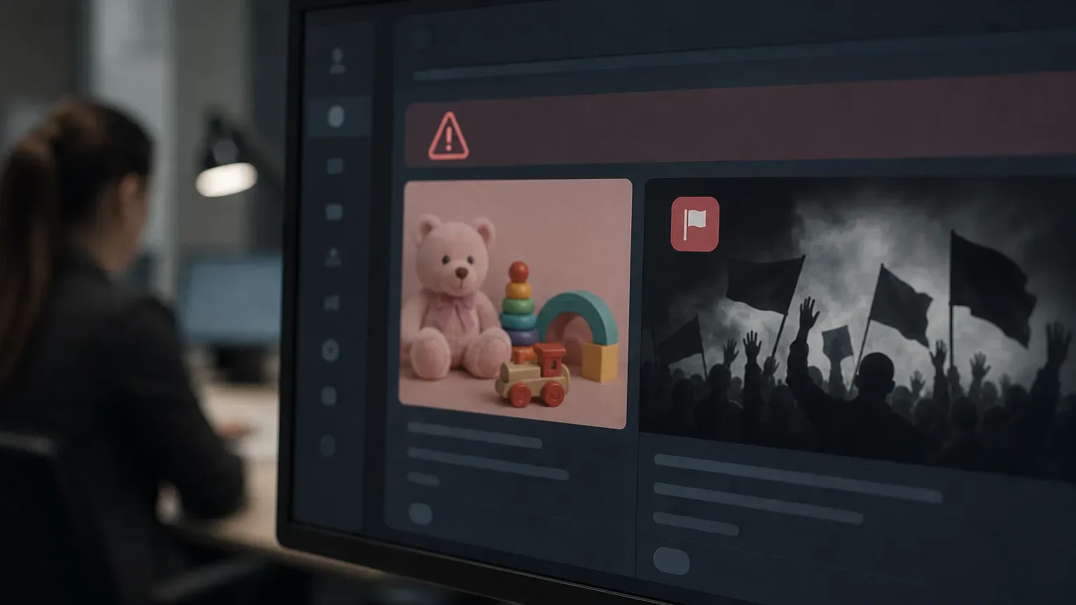 A monitor in the foreground displays an inventory panel showing a children's toy image beside a silhouetted crowd image, with alert and flag icons above, while a person works at a desk in the background