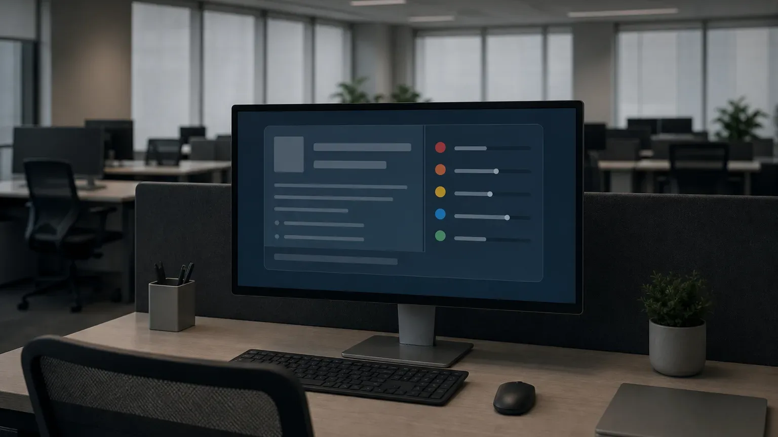 An empty open-plan office workstation with a large monitor displaying a dark-themed interface with coloured dots and horizontal bars beside them