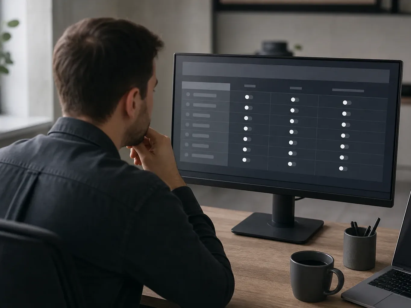 A person sits at a desk in a home office, studying a dark-themed settings panel on a monitor, with a coffee cup and pen pot nearby