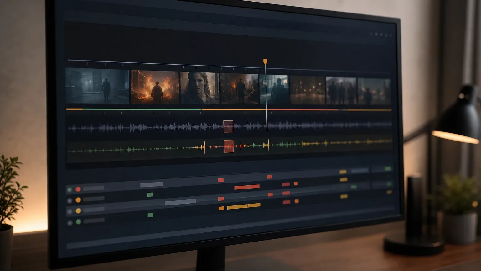 A monitor on a desk displays a dark-themed video editing timeline with film strip thumbnails, colour-coded audio waveforms, and segmented marker tracks