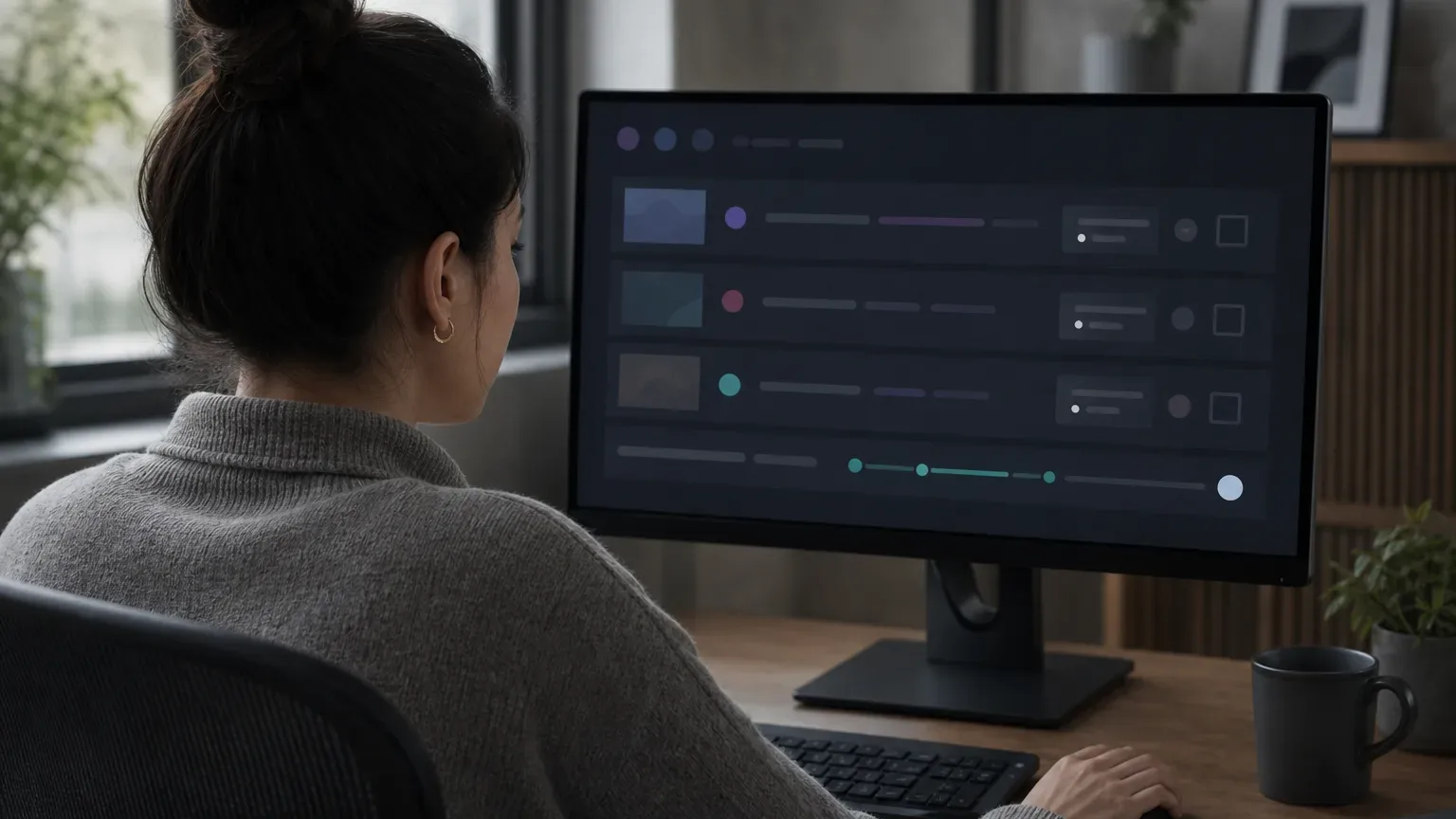 A person sits at a desk working at a monitor displaying a dark-themed interface with coloured indicators and rows of content, in a home office setting