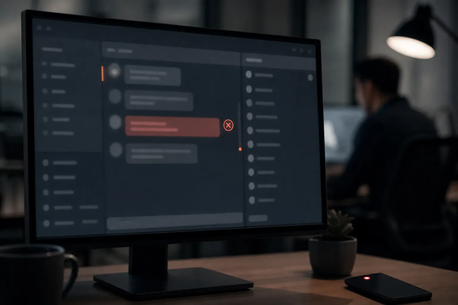 A monitor on a dark desk displays a chat interface with a red-highlighted message and a cancel icon, while a person sits blurred in the background