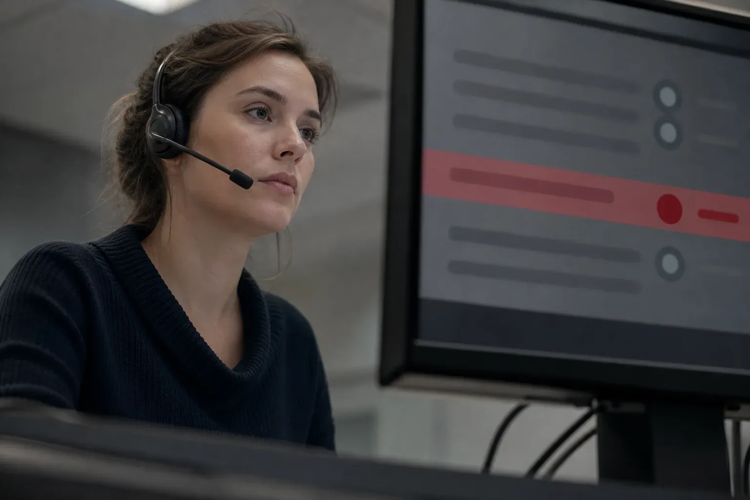A person wearing a headset sits at a workstation looking at a monitor displaying a colour-coded interface with a highlighted red band