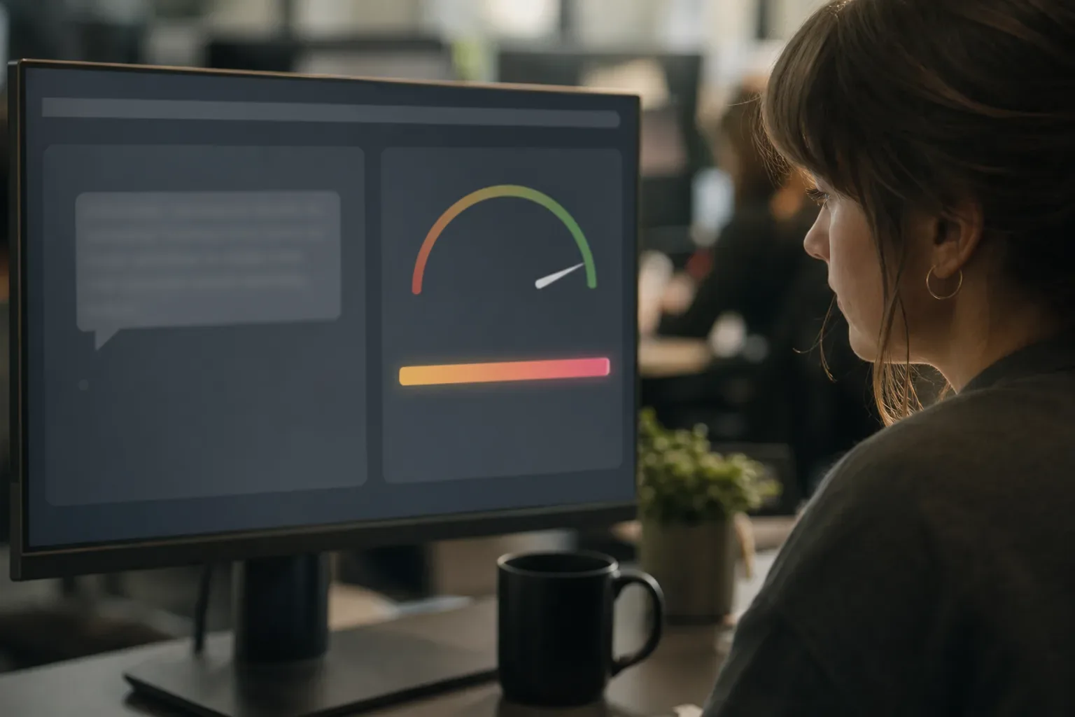 A person sits at a desk looking at a monitor displaying a gauge graphic and a message-shaped panel, with a dark mug nearby in an open-plan office