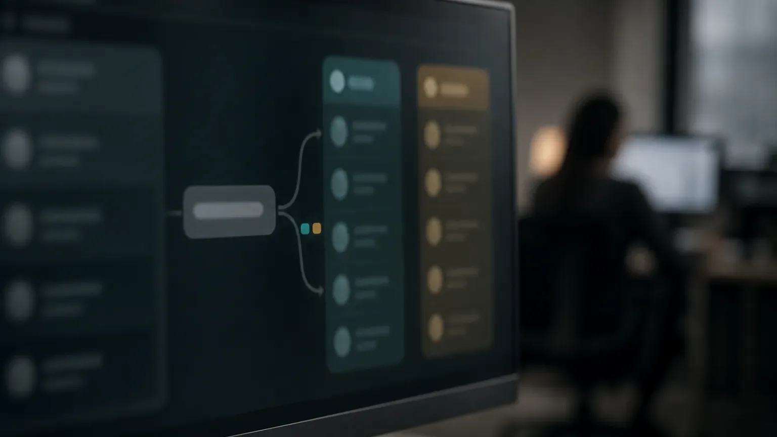 A monitor in the foreground displays a dark interface with a branching diagram connecting a central shape to two colour-coded columns, while a person sits at a workstation in the blurred background