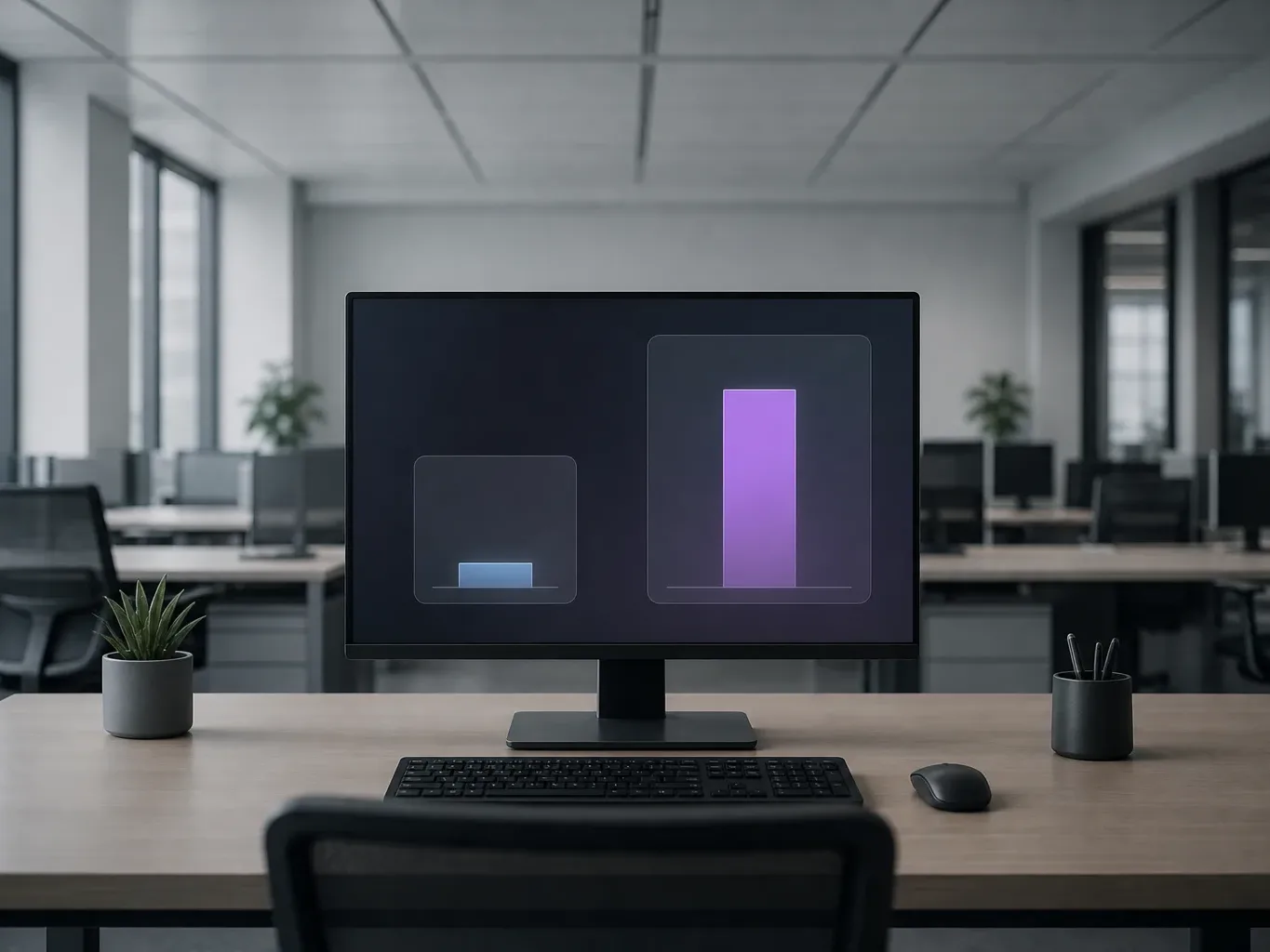 An empty open-plan office desk holds a monitor displaying two side-by-side bar charts of very different heights on a dark screen, with a keyboard, mouse and small plant nearby