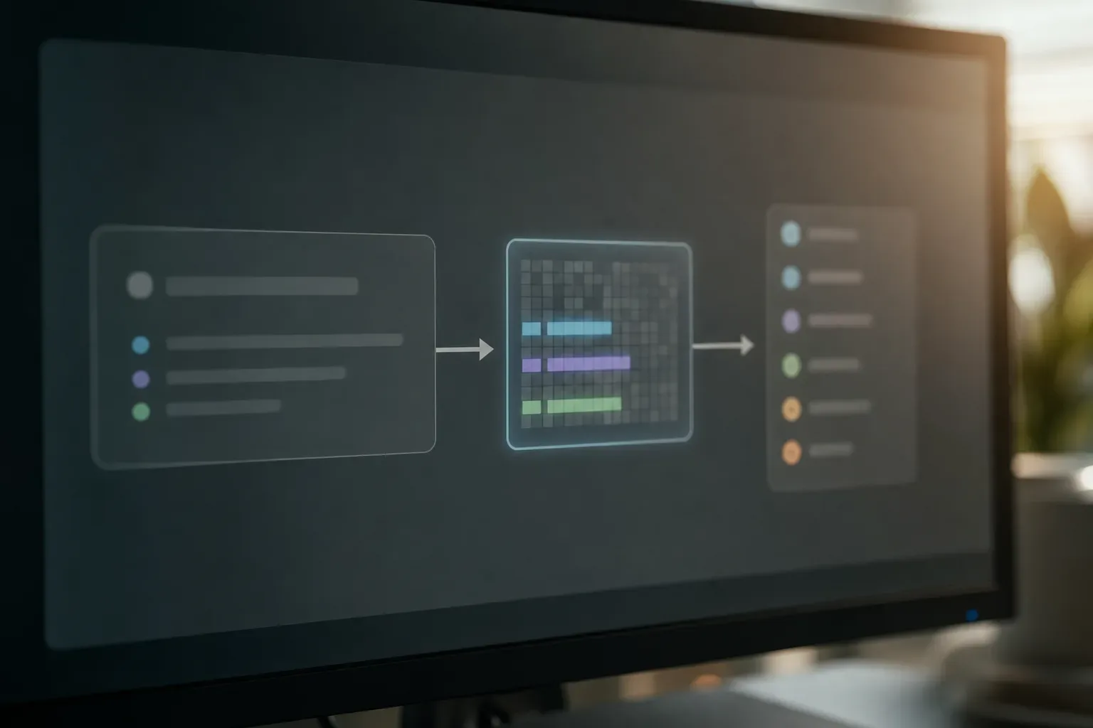 A dark monitor displays a three-panel flow diagram with coloured horizontal bars in a central grid block, connected by arrows to panels on either side