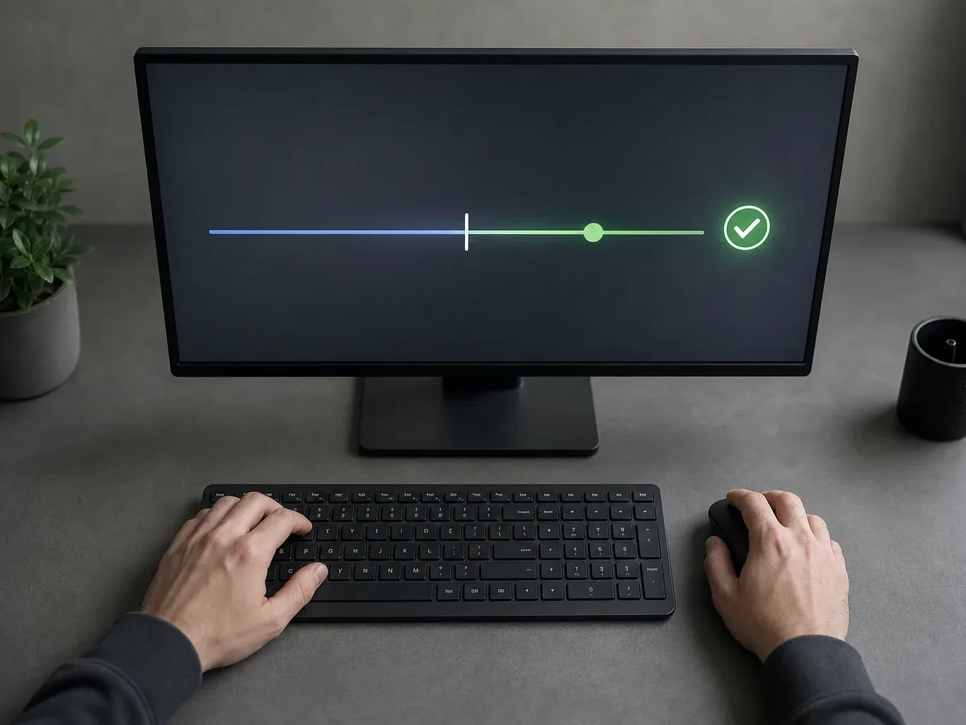 A person uses a keyboard and mouse at a desk, with a monitor displaying a horizontal coloured line, a marker and a glowing green confirmation icon