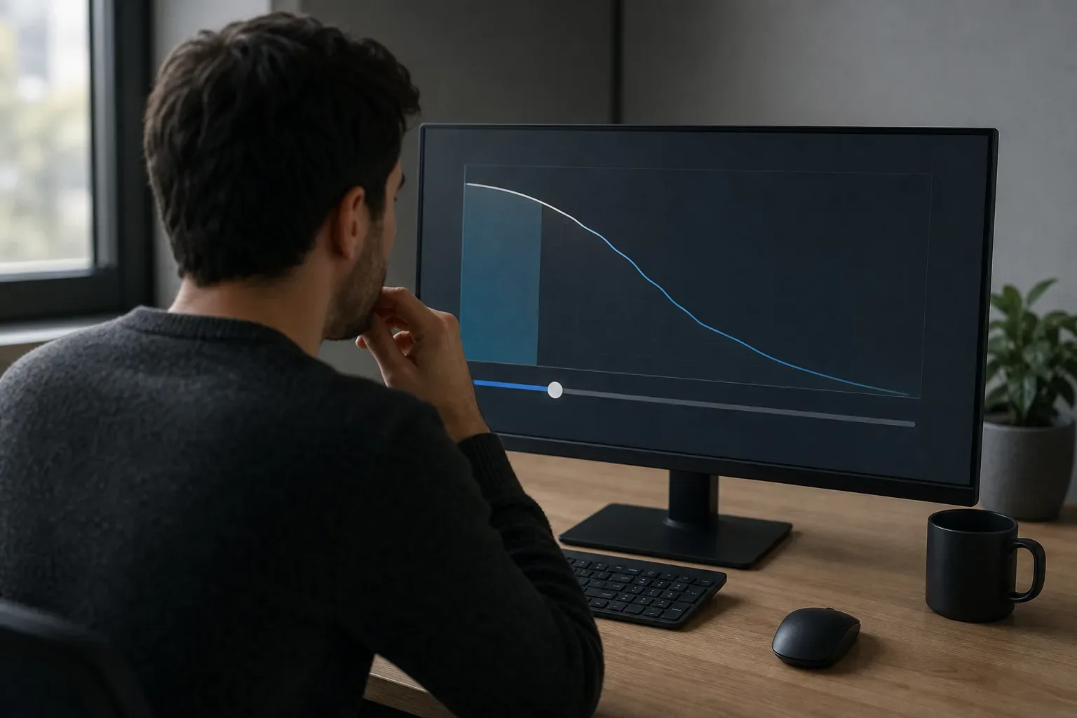 A person sits at a desk in a home office, chin resting on hand, studying a declining curve graph displayed on a large monitor