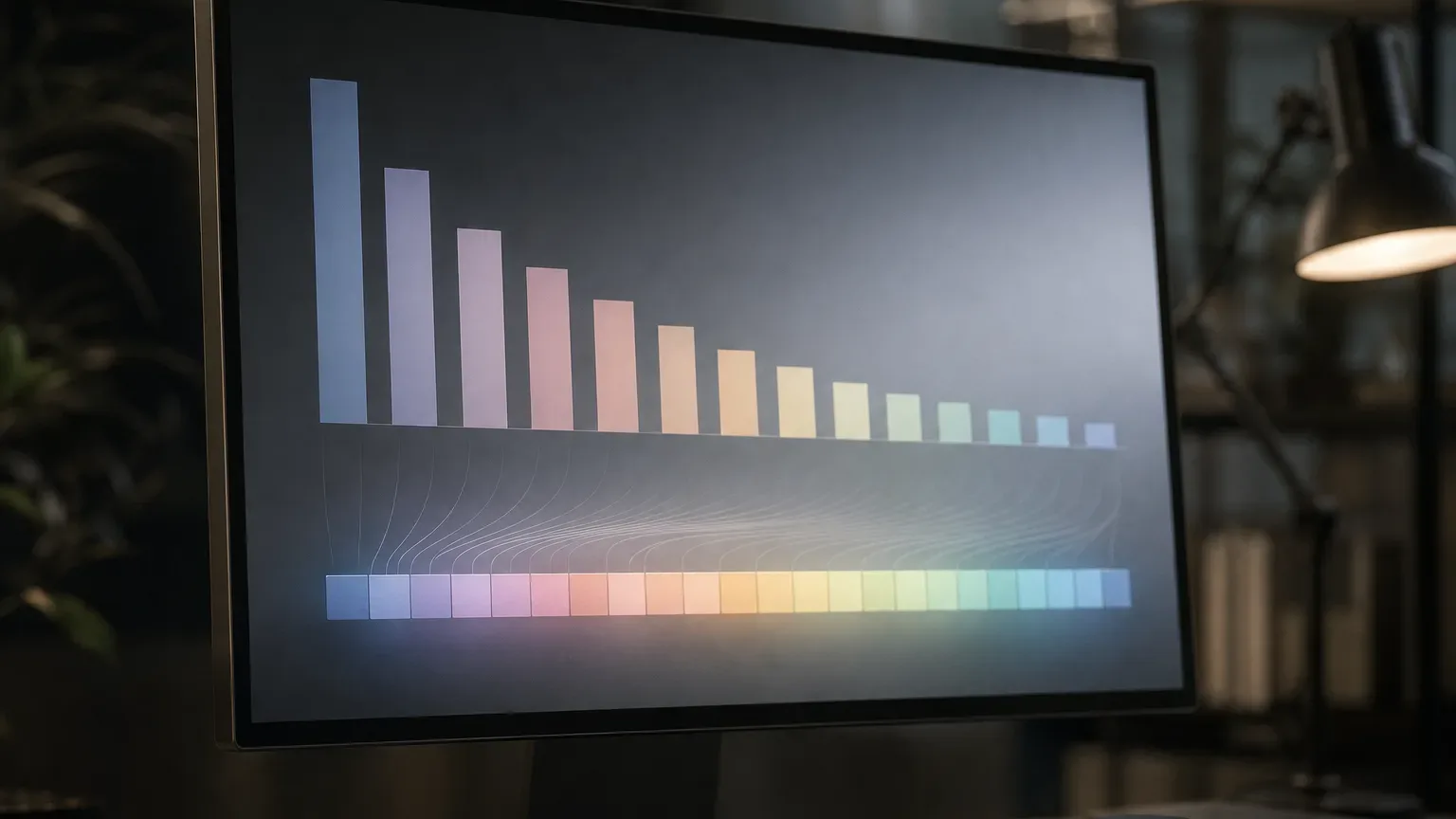 A monitor on a dark desk displays a descending bar chart rendered in soft rainbow colours, with a matching colour-gradient strip along the bottom edge