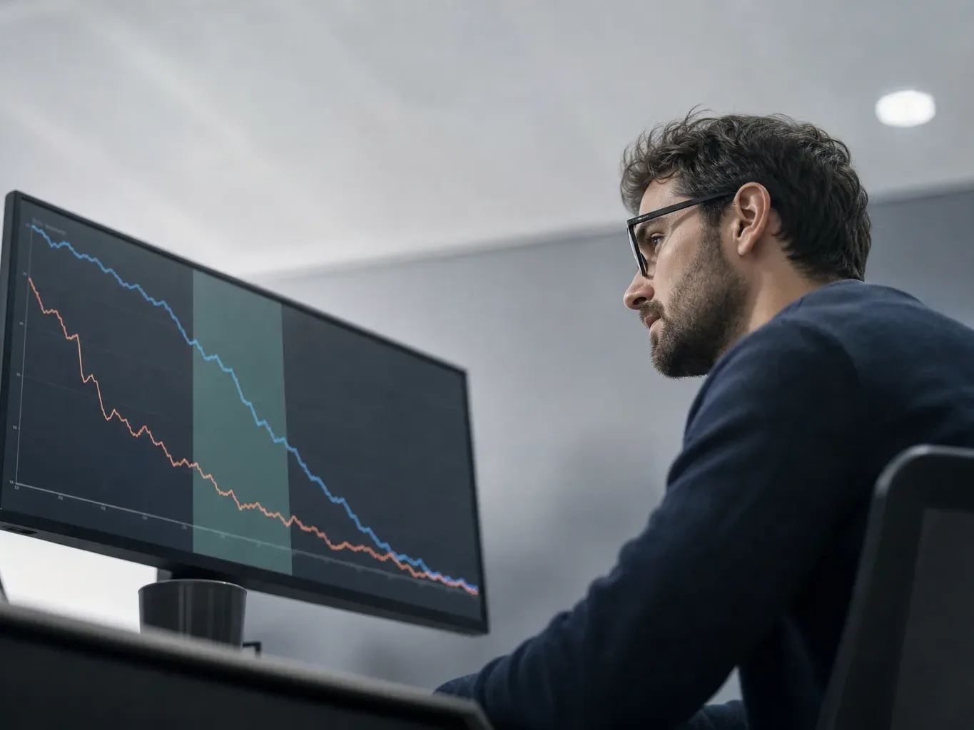 A person wearing glasses sits at a desk studying a monitor displaying a downward-trending dual-line graph with a highlighted band