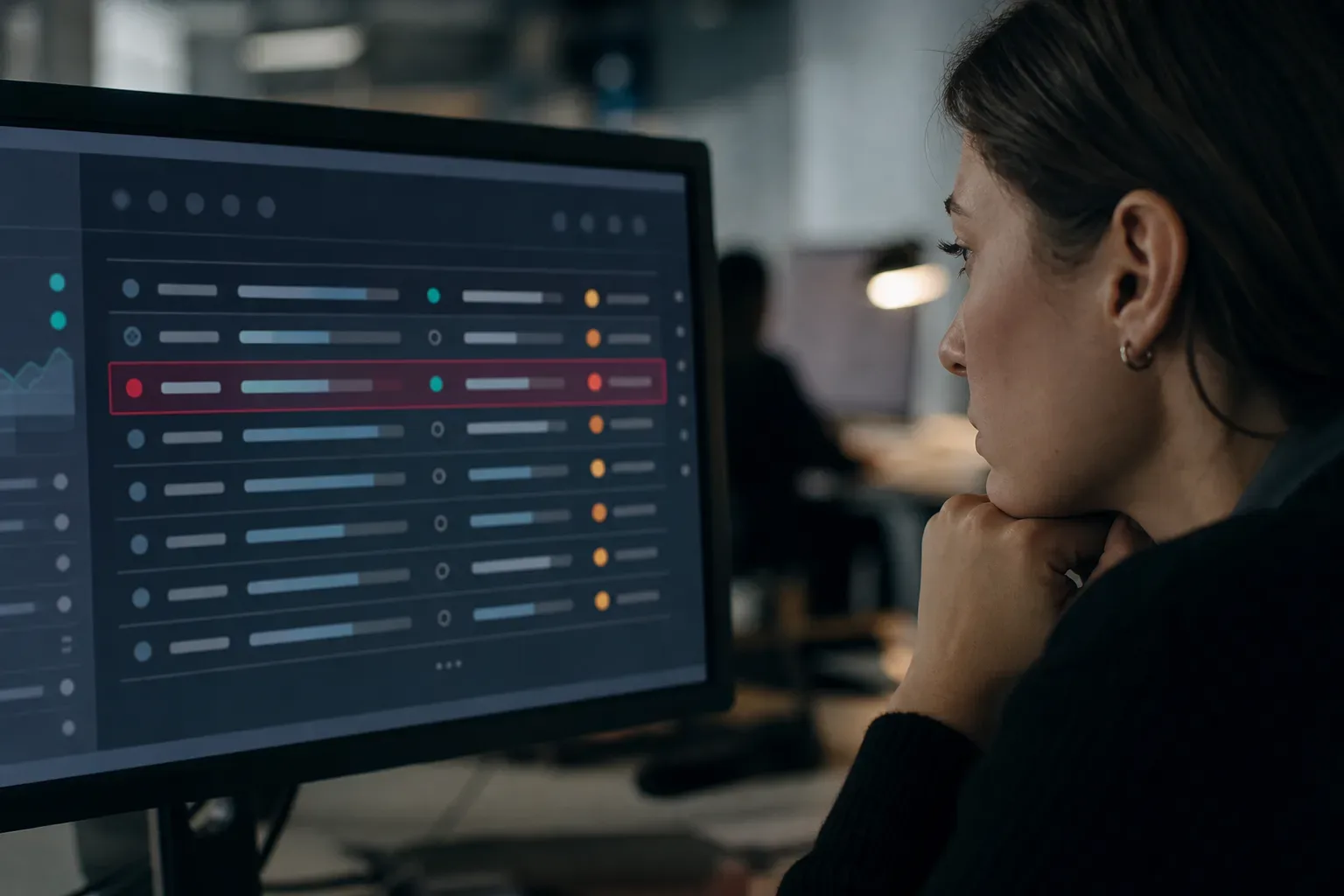A person sits at a desk in a dimly lit office, resting their chin on their hand as they study a dark-themed dashboard on a monitor, with one row highlighted in red