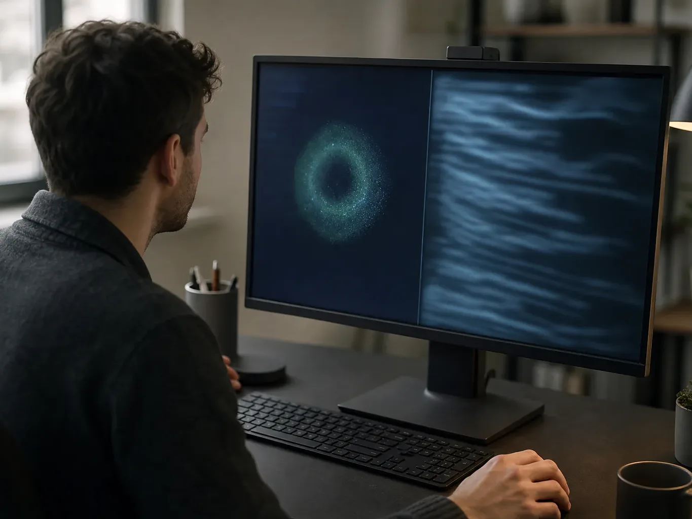 A person sits at a desk in a home office, viewed from behind, looking at a monitor displaying two abstract glowing panels on a dark background