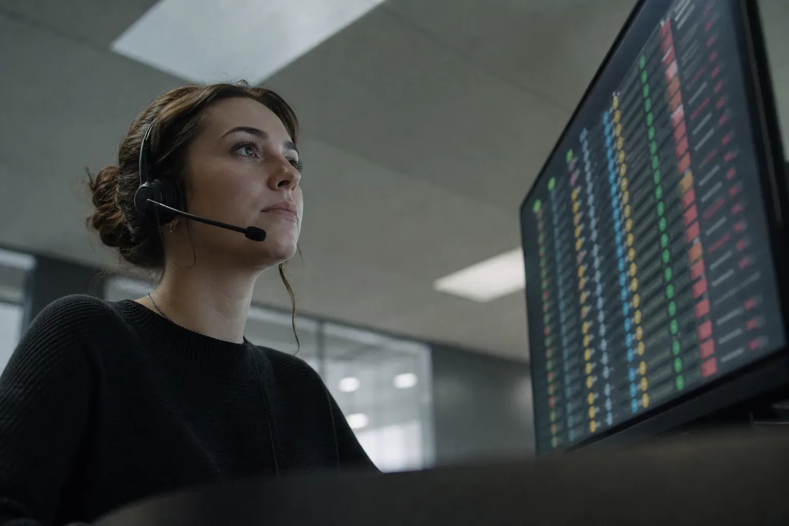 A person wearing a headset sits at a workstation, viewed from below, looking up at a large monitor displaying a dense colour-coded list