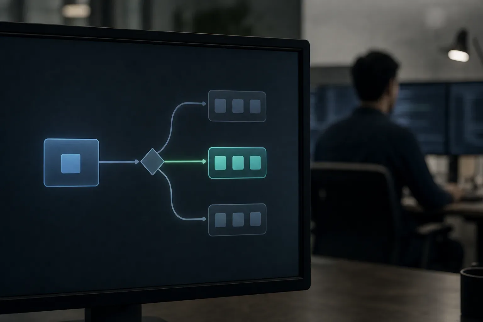 A monitor in the foreground displays an abstract branching flow diagram with a glowing highlighted path, while a person works at a blurred workstation behind
