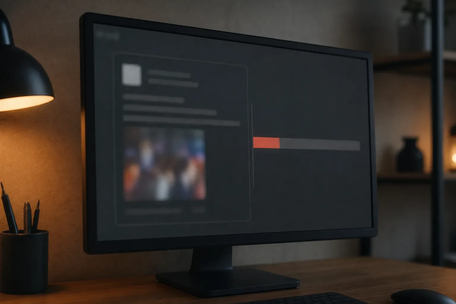 A monitor on a desk displays a dark interface with a blurred image thumbnail and a red progress bar, lit by a warm desk lamp