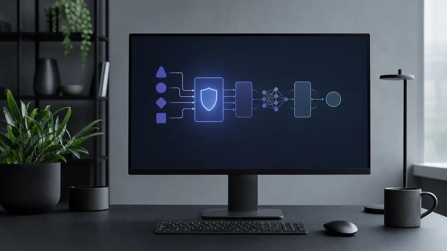 A desktop monitor on a dark desk displays a glowing pipeline diagram featuring a shield icon screening input shapes before passing them to a neural-network stage, with a keyboard, mouse and mug nearby