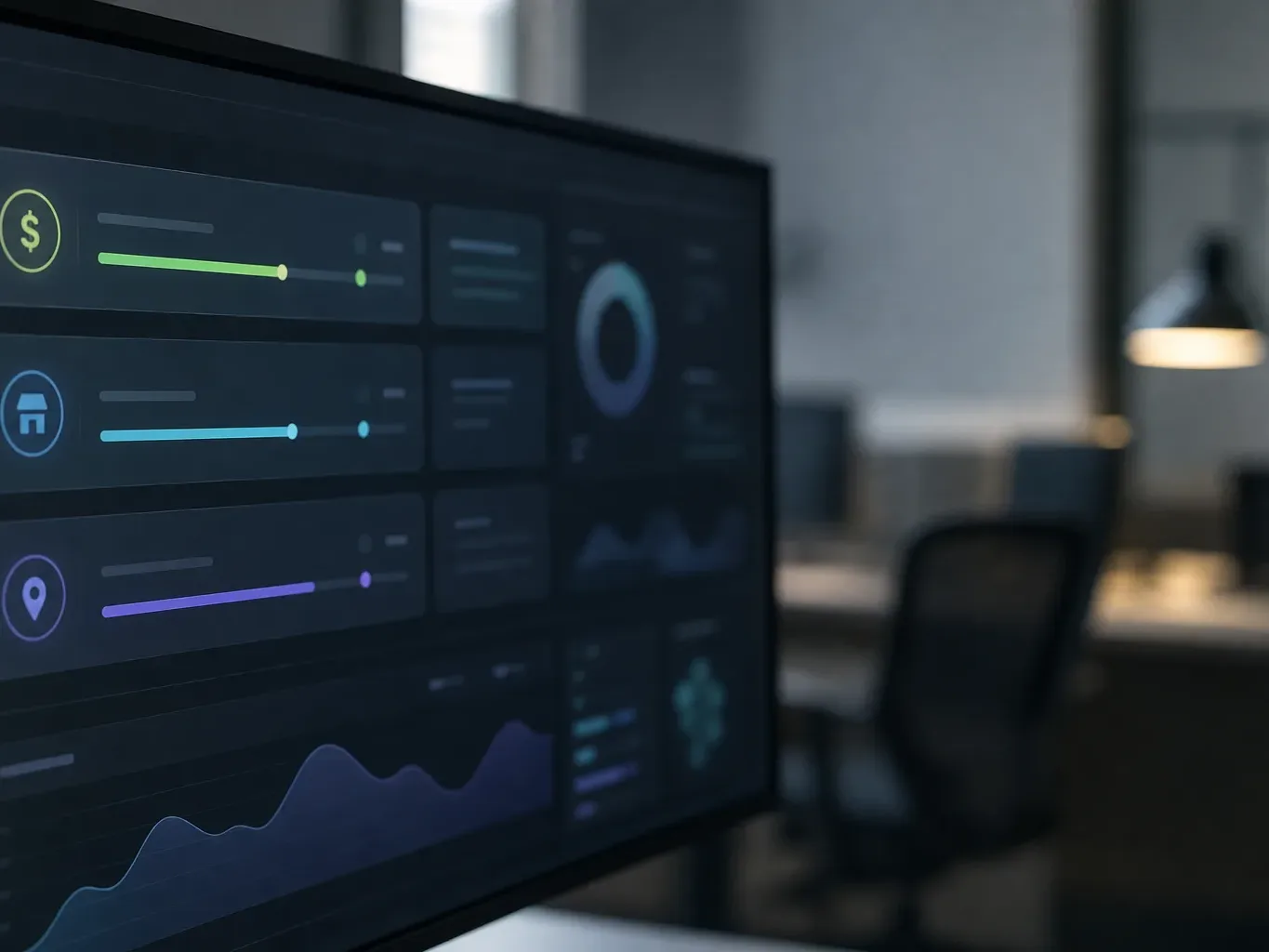 A monitor angled in sharp focus displays a dark dashboard with coloured progress bars and a wave chart, with a blurred office chair and desk lamp in the background