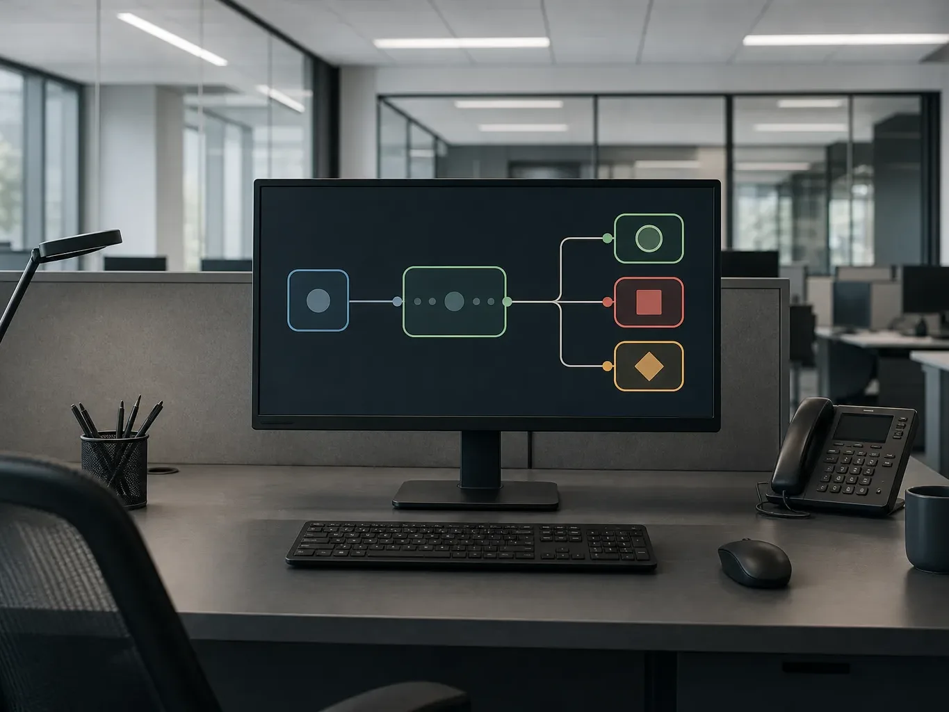 An empty office workstation with a monitor displaying a colourful flowchart diagram with branching nodes, beside a desk phone, pencil holder, and mug