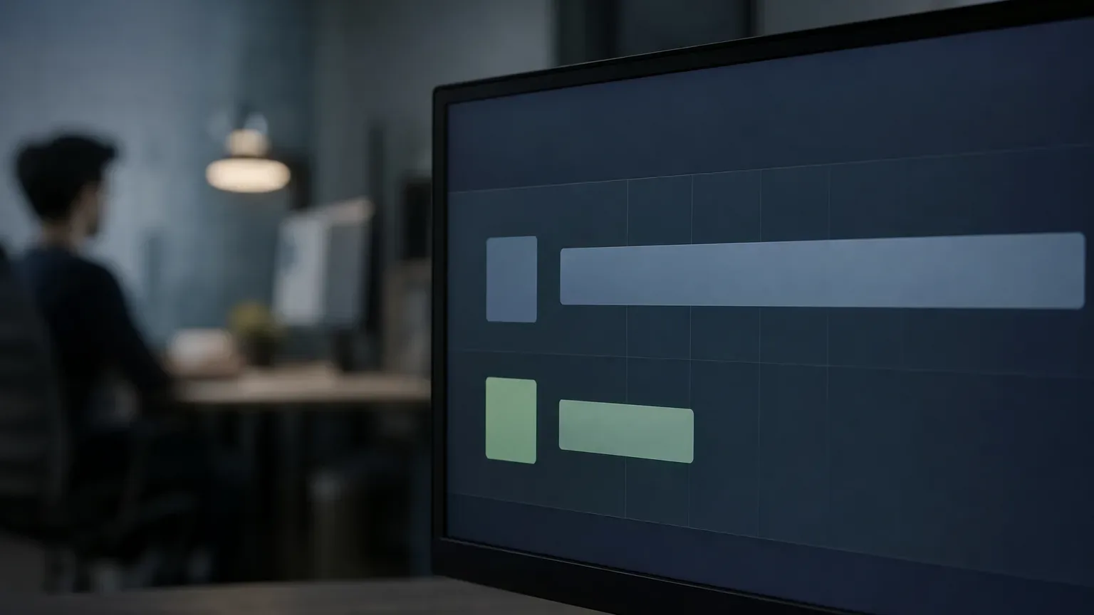 A monitor in the foreground displays a dark interface with coloured blocks and bars, while a person sits at a desk in a softly lit office behind
