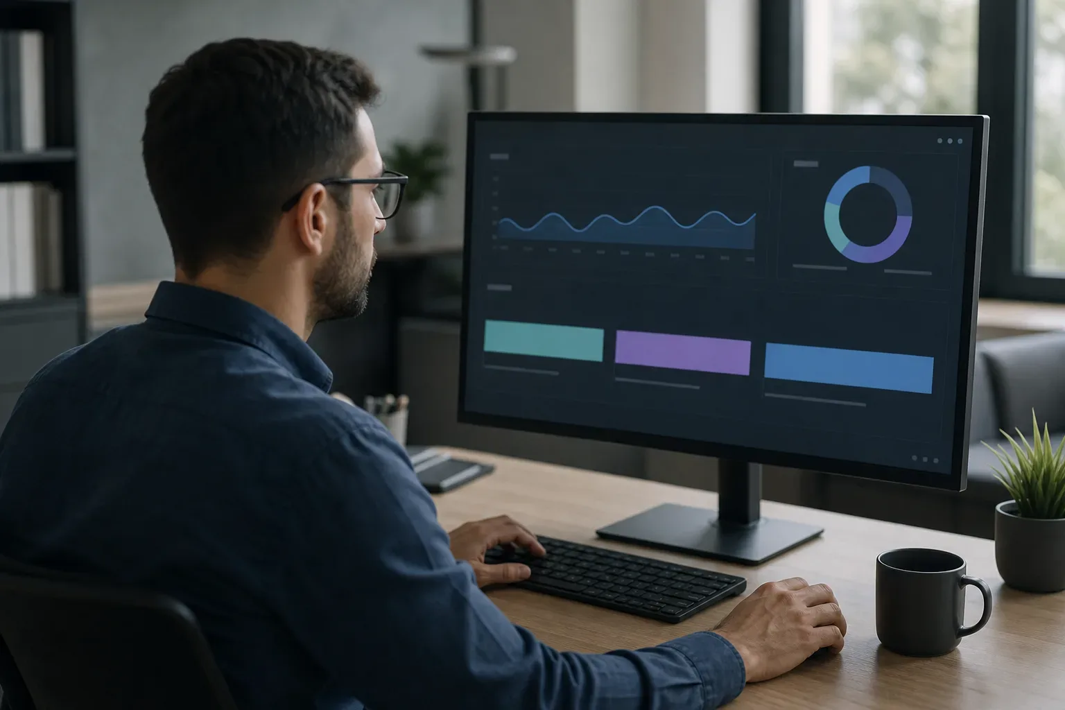 A person wearing glasses sits at a desk in an office, viewing a dark-themed analytics dashboard with charts and coloured blocks on a large monitor