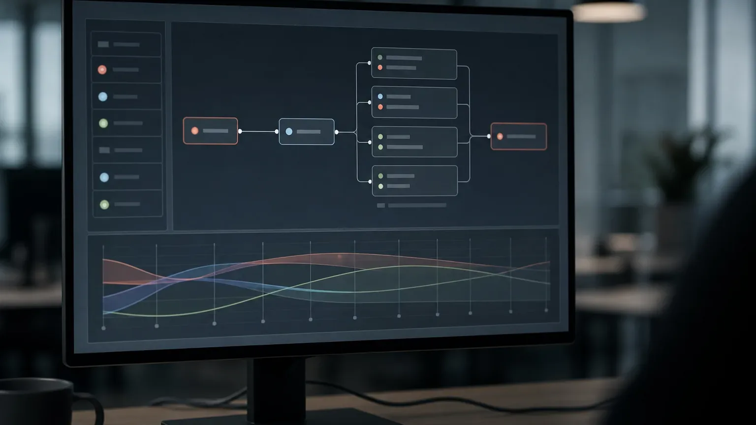A monitor on a desk displays a dark-themed node-and-flow diagram with connecting blocks in the upper panel and multicoloured waveform charts below, in a softly lit open-plan office