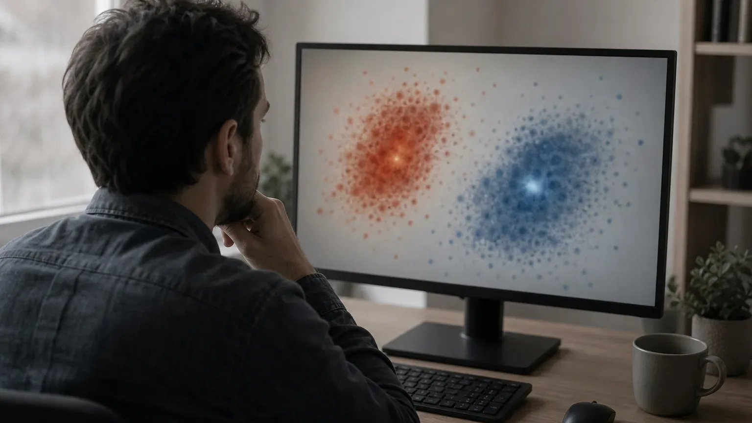 A person sits at a desk in a home office studying a monitor displaying two overlapping clusters of red and blue data points