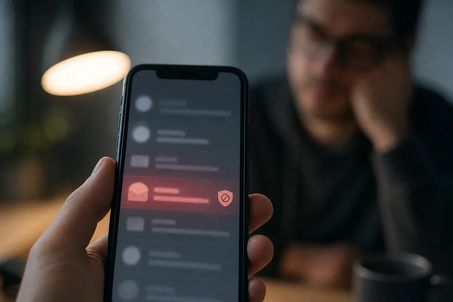 A person holds a smartphone close to the camera showing an inbox with a highlighted message flagged by a warning icon, while another person sits blurred in the background