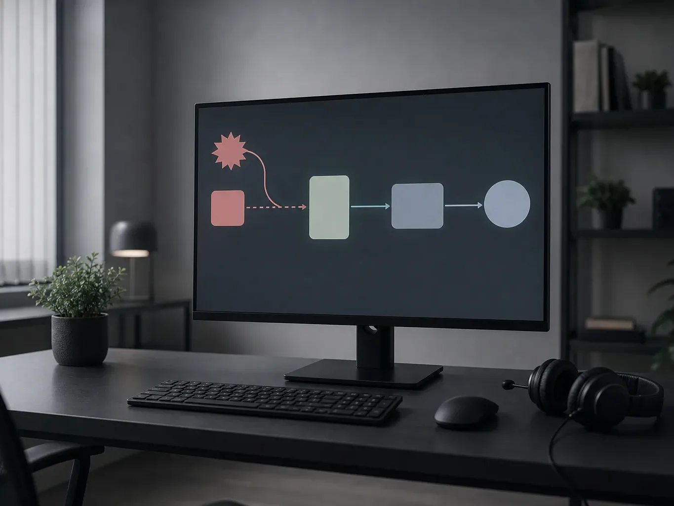 A dark workstation with a monitor displaying a flow diagram of coloured shapes and arrows, a keyboard, mouse and headset on the desk