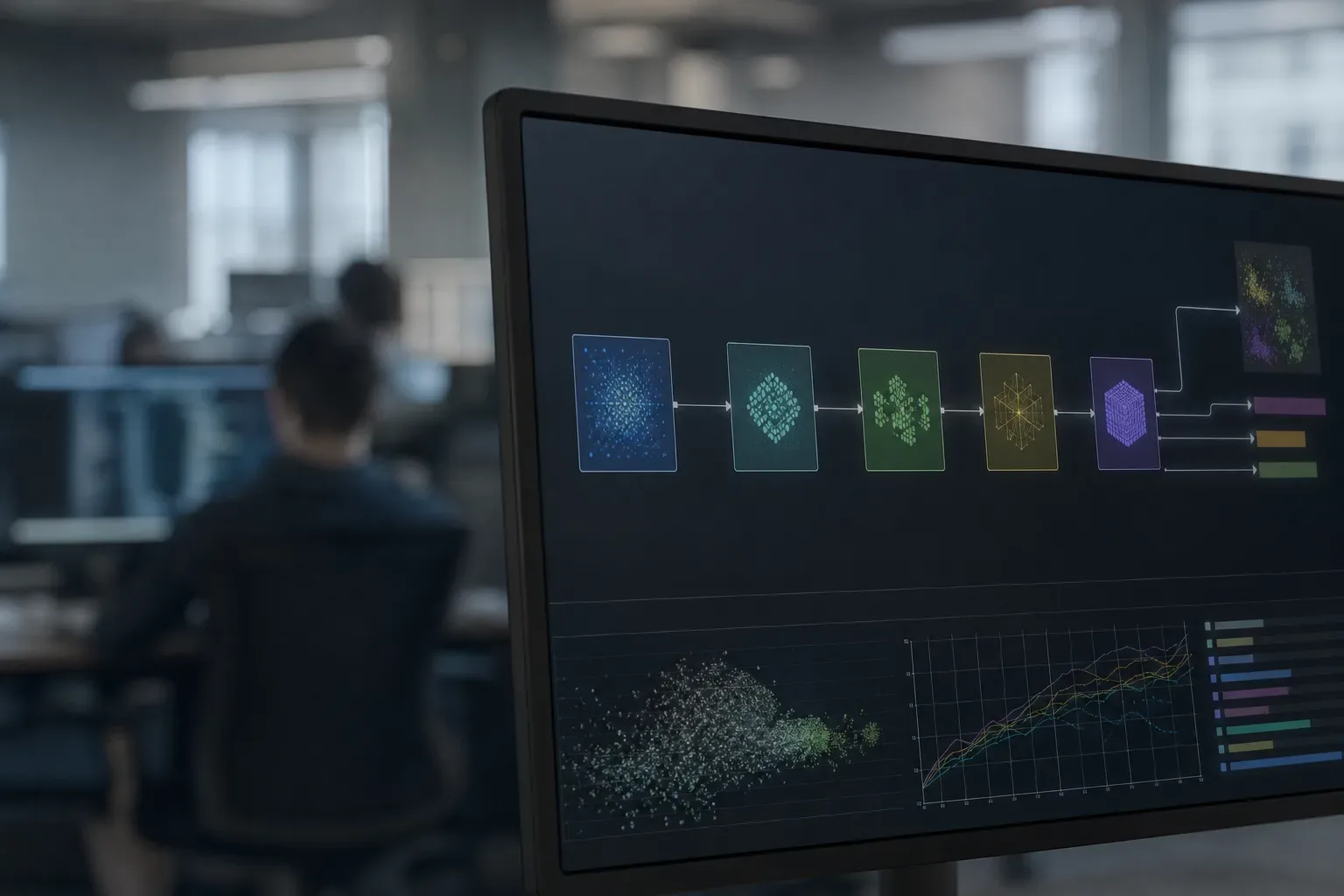 A monitor in the foreground displays a colour-coded data processing pipeline and charts, with a blurred open-plan office and a person seated at a workstation visible behind it