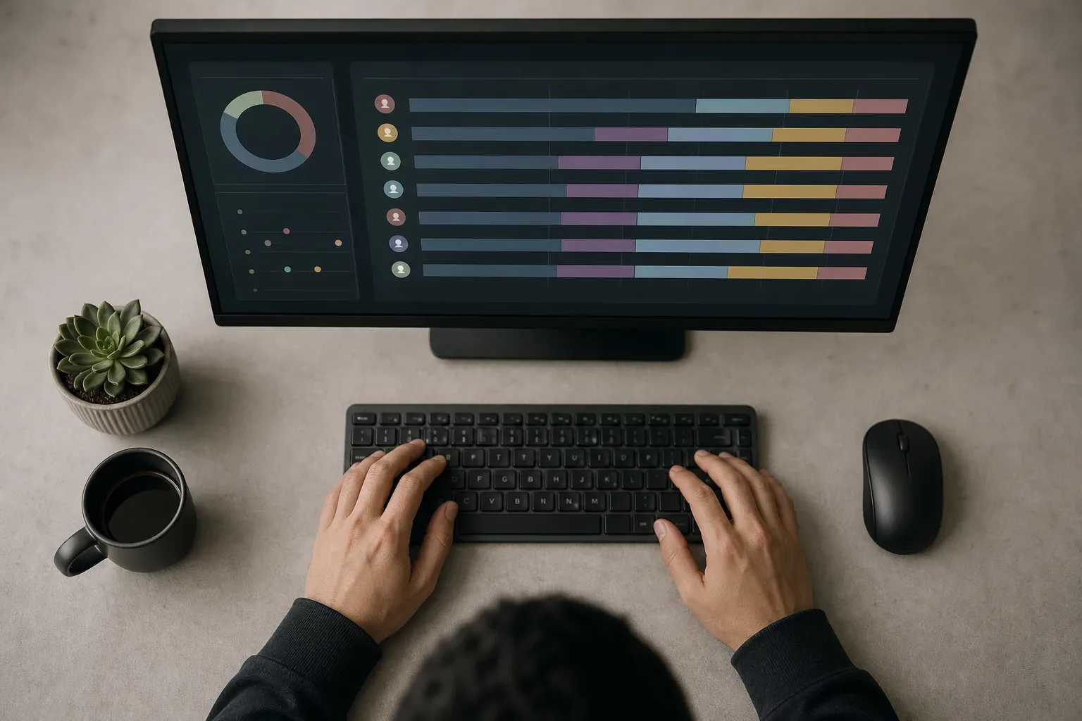 A person types at a keyboard on a desk beside a coffee cup and small plant, with a monitor displaying colourful horizontal bar charts on a dark background