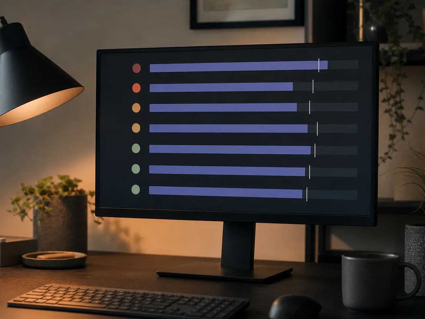 A monitor on a dimly lit desk displays a dark-screen interface with seven horizontal purple confidence bars beside coloured dot indicators, lit by warm lamp light