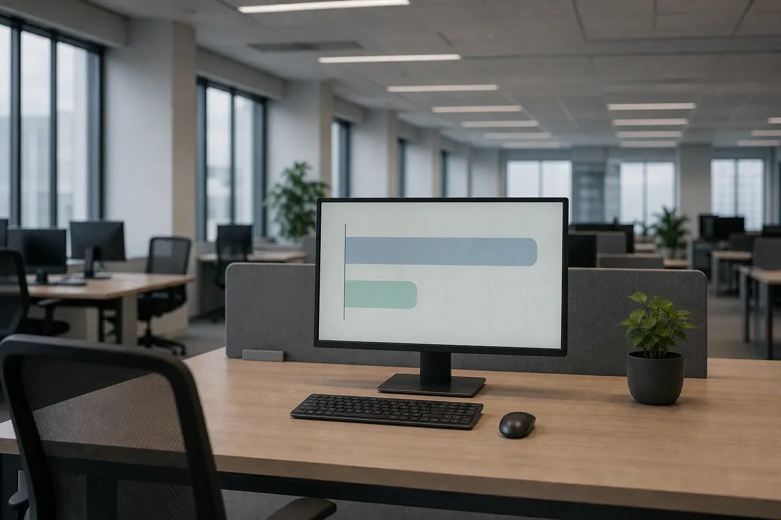 An empty open-plan office workstation with a monitor displaying a simple two-bar horizontal chart in blue and teal, beside a keyboard, mouse, and small potted plant