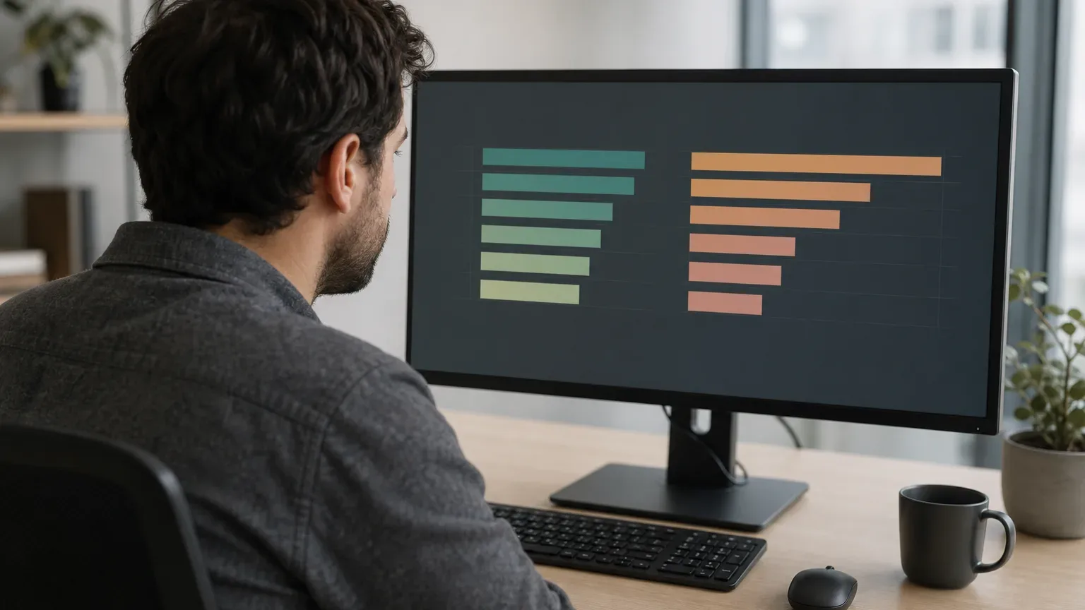 A person sits at a desk in an office, viewed from behind, looking at a widescreen monitor displaying two sets of horizontal colour bars arranged in columns