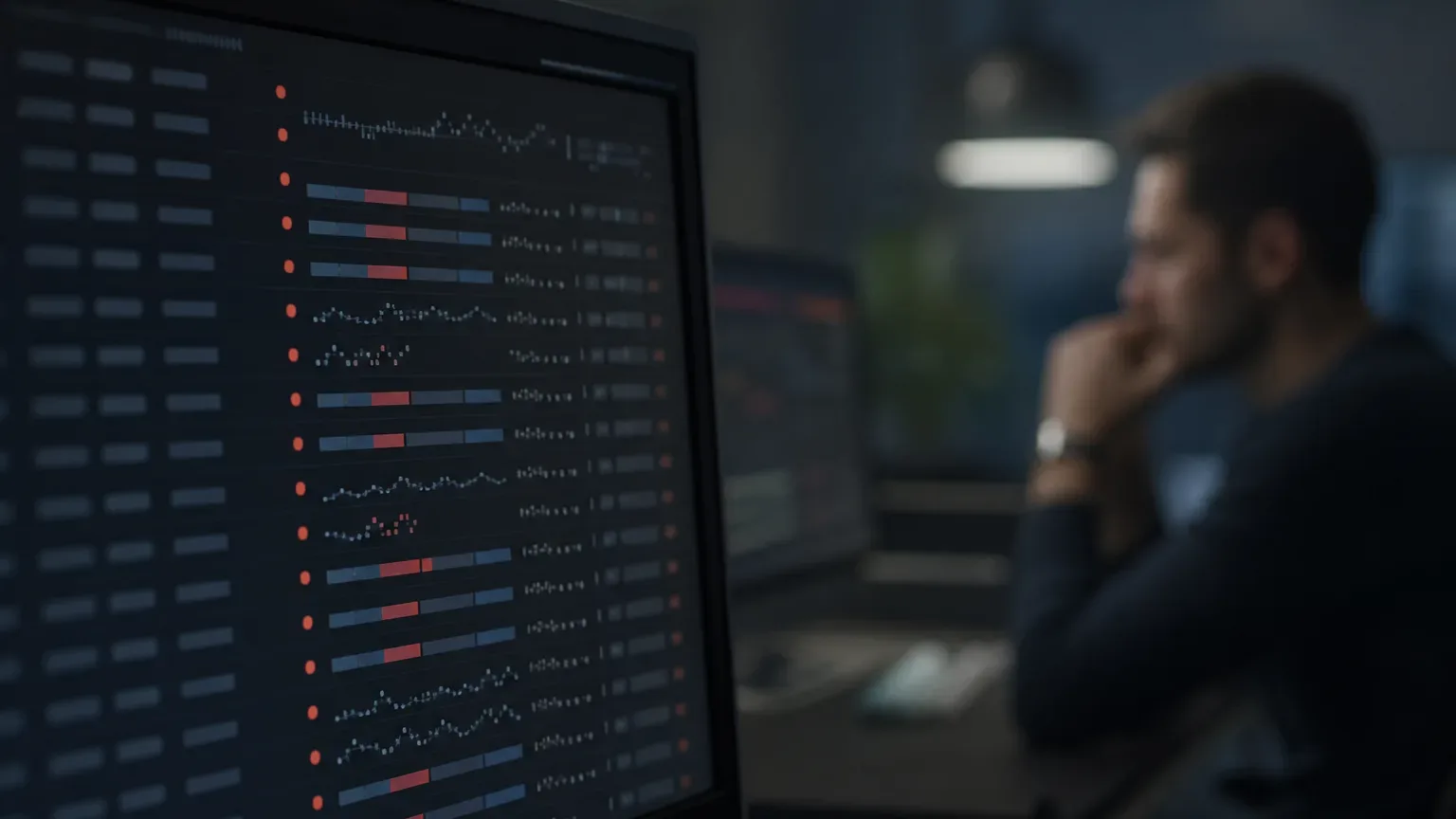A monitor in the foreground displays rows of data visualisations including small line graphs and colour-coded horizontal bars, while a person sits out of focus in the background with a hand raised to their chin