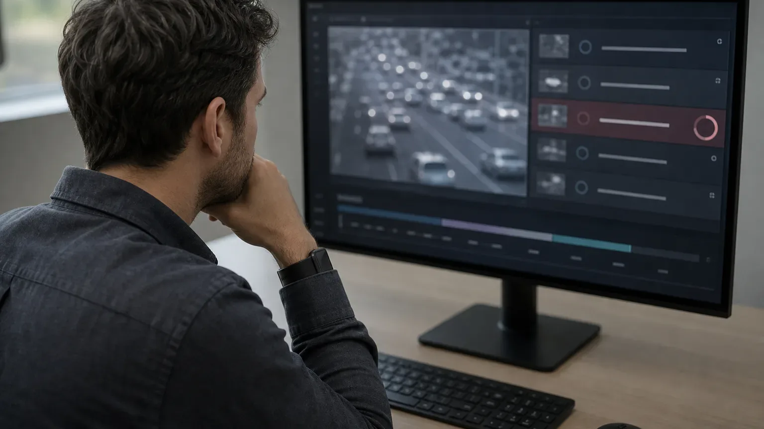 A person sits at a desk in an office, chin resting on hand, studying a monitor displaying grayscale traffic camera footage alongside a panel of thumbnail images and highlighted rows