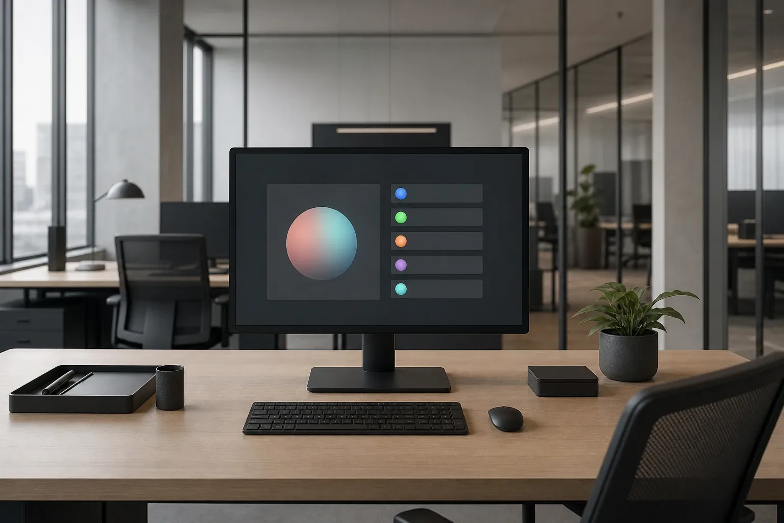 An empty open-plan office desk with a monitor displaying a glowing coloured sphere alongside a vertical list of coloured dots on rows, beside a keyboard, mouse, and small potted plant