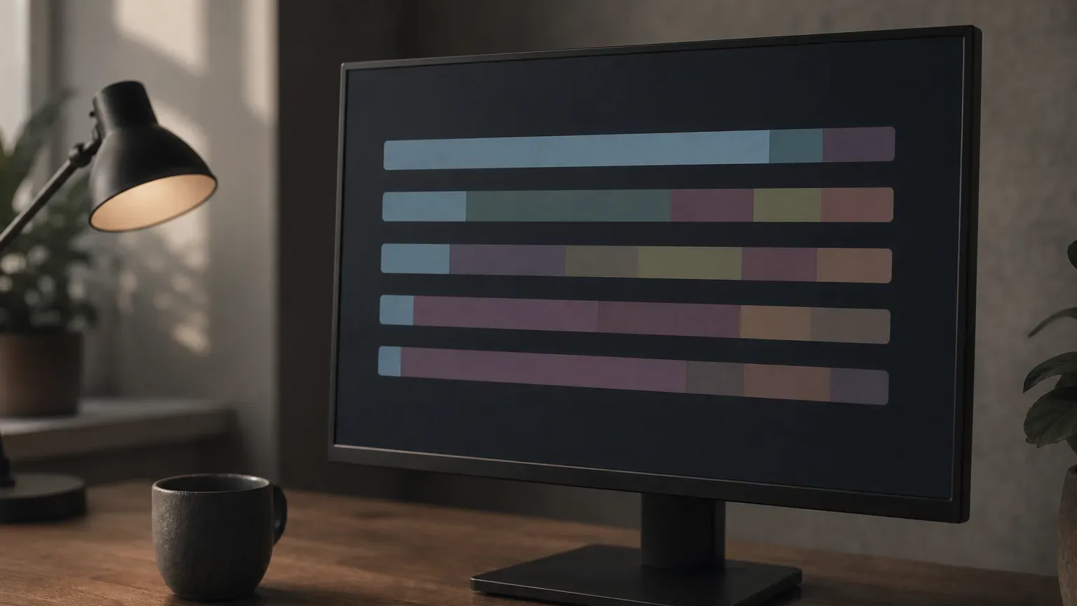 A monitor on a wooden desk displays five horizontal colour-blocked bars on a dark screen, beside a mug and a lit desk lamp