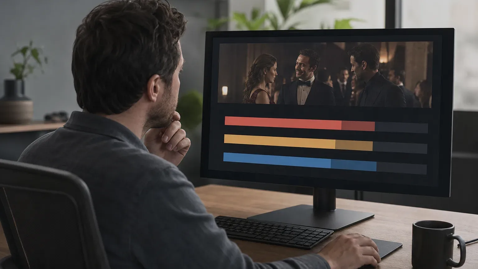 A person sits at a desk in a home office, studying a monitor displaying a film scene alongside three horizontal coloured bars